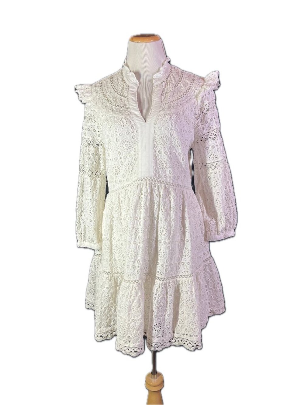 Vineyard Vines Size M White Ruffled Eyelet Lace Dress Long Sleeve Cotton